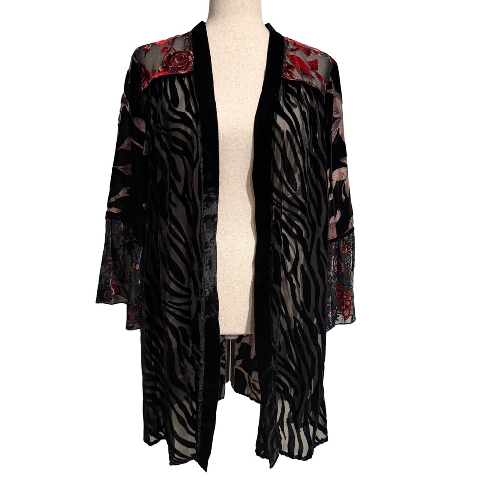 Multiples Velvet Burnout Kimono Cardigan Animal Print Boho Whimsigoth Large